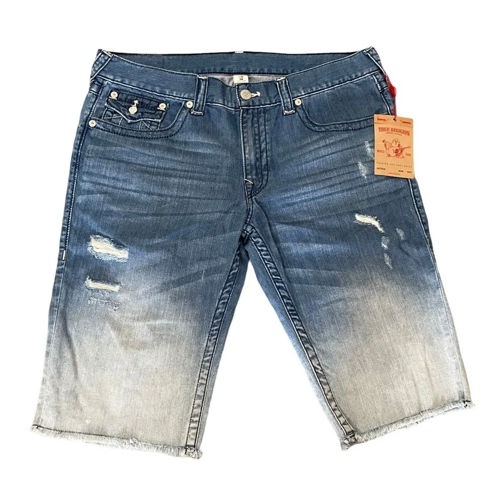 True Religion Men's Cut-Off Jean Shorts w/ Flaps & Rips in Moving Indigo size 38